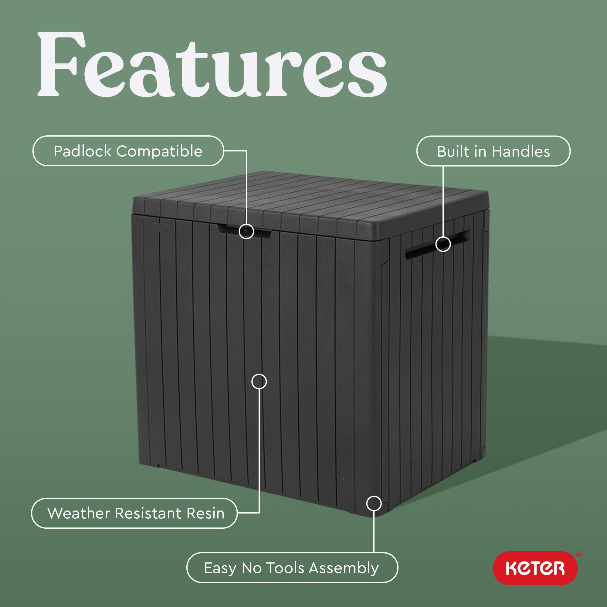 Keter City 30 Gallon Resin Outdoor Storage Box and Patio Furniture Side Table for Pool and Garden Accessories, Dark Grey