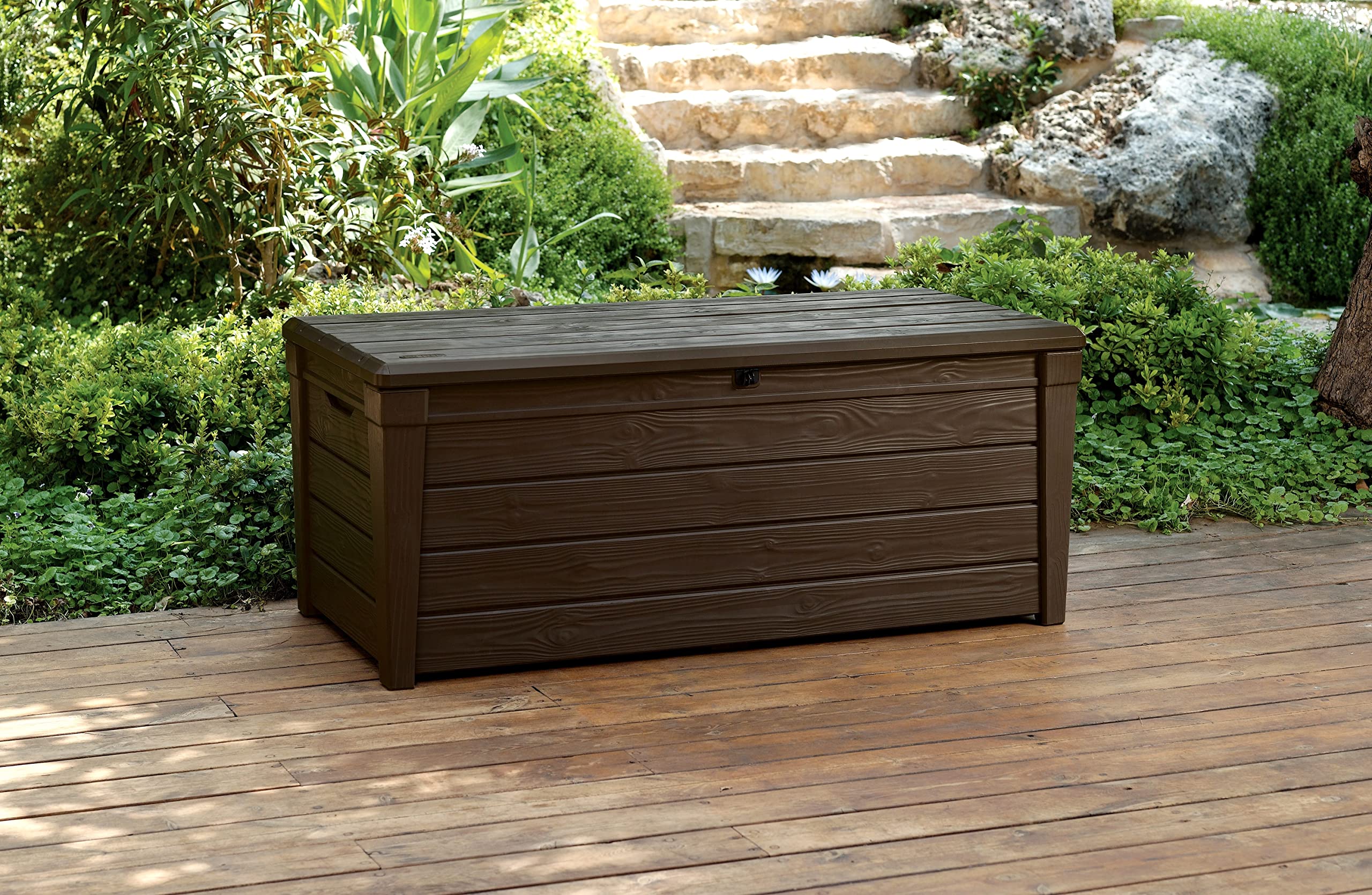 Keter Brightwood 454L Outdoor 60% recycled Garden Furniture Storage Box Brown Wood Panel Effect Fade Free All Weather Resistant Safe and Secure Zero Maintenance 2 year Warranty