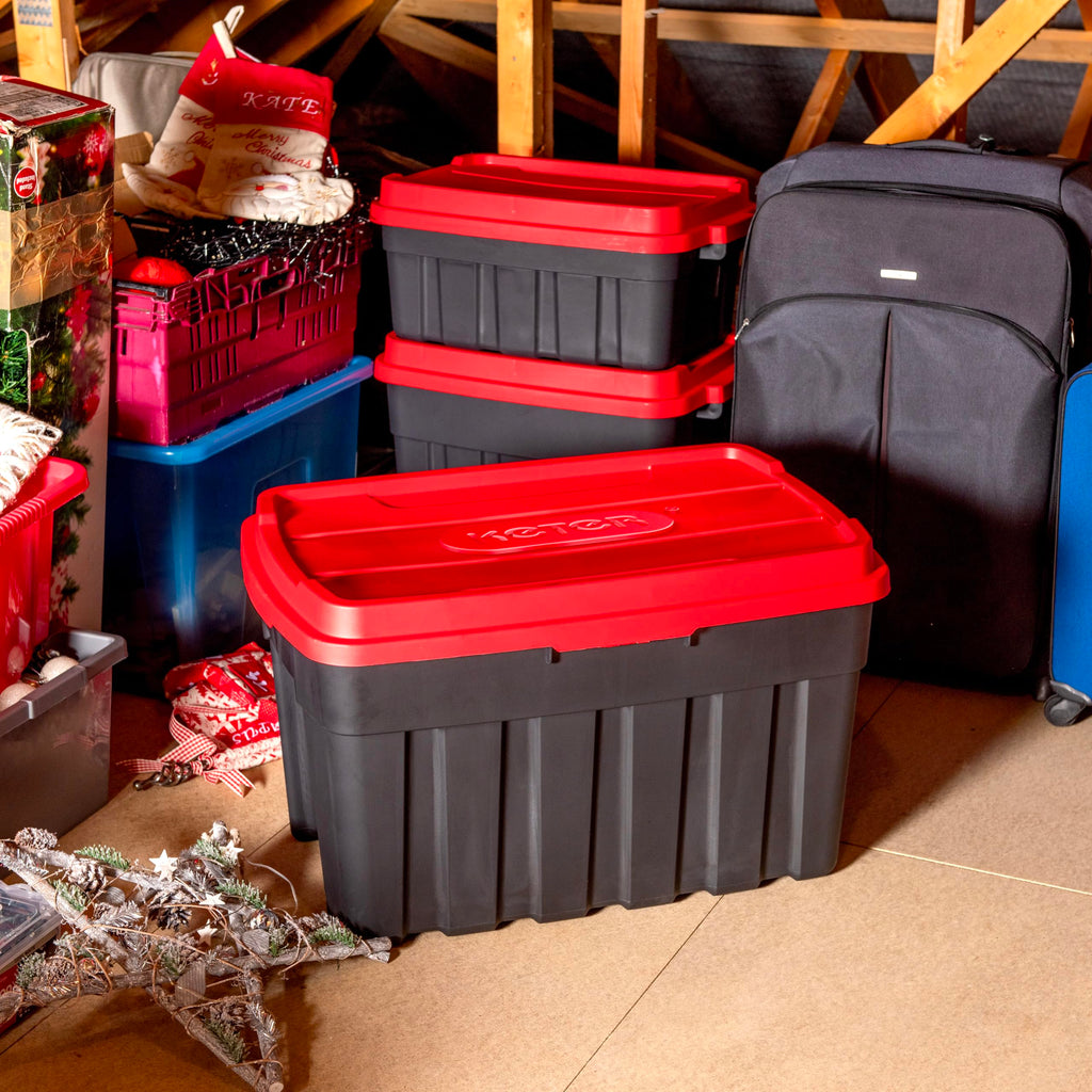 Keter Tuff Box 140L Storage Box with Lid, Durable, Water Resistant, Large Capacity, Stackable, Black/Red