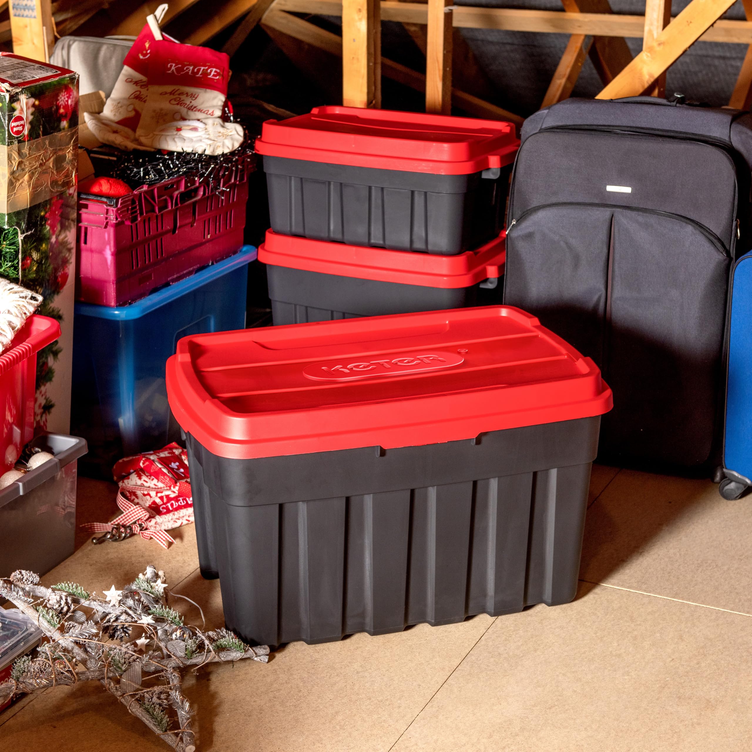 Keter Tuff Box 140L Storage Box with Lid, Durable, Water Resistant, Large Capacity, Stackable, Black/Red
