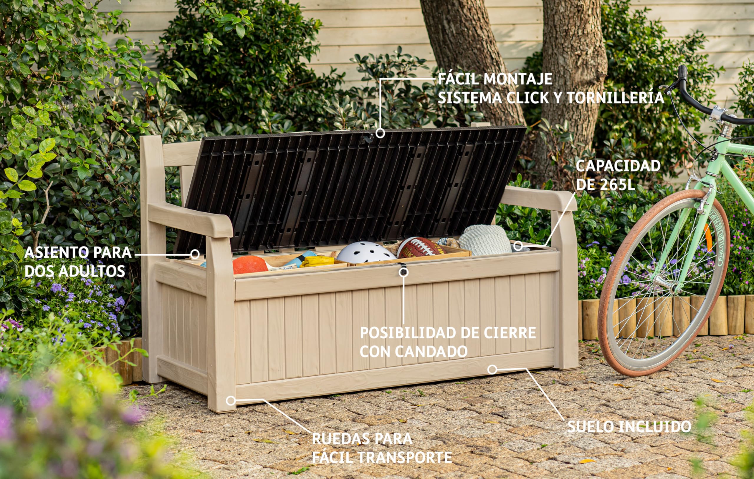 Keter Eden Bench 265L Outdoor 60% recycled Garden Furniture Storage Box Beige & Brown Wood Panel Effect | Fade Free | All Weather Resistant | Safe and Secure | Zero Maintenance | 2 year Warranty