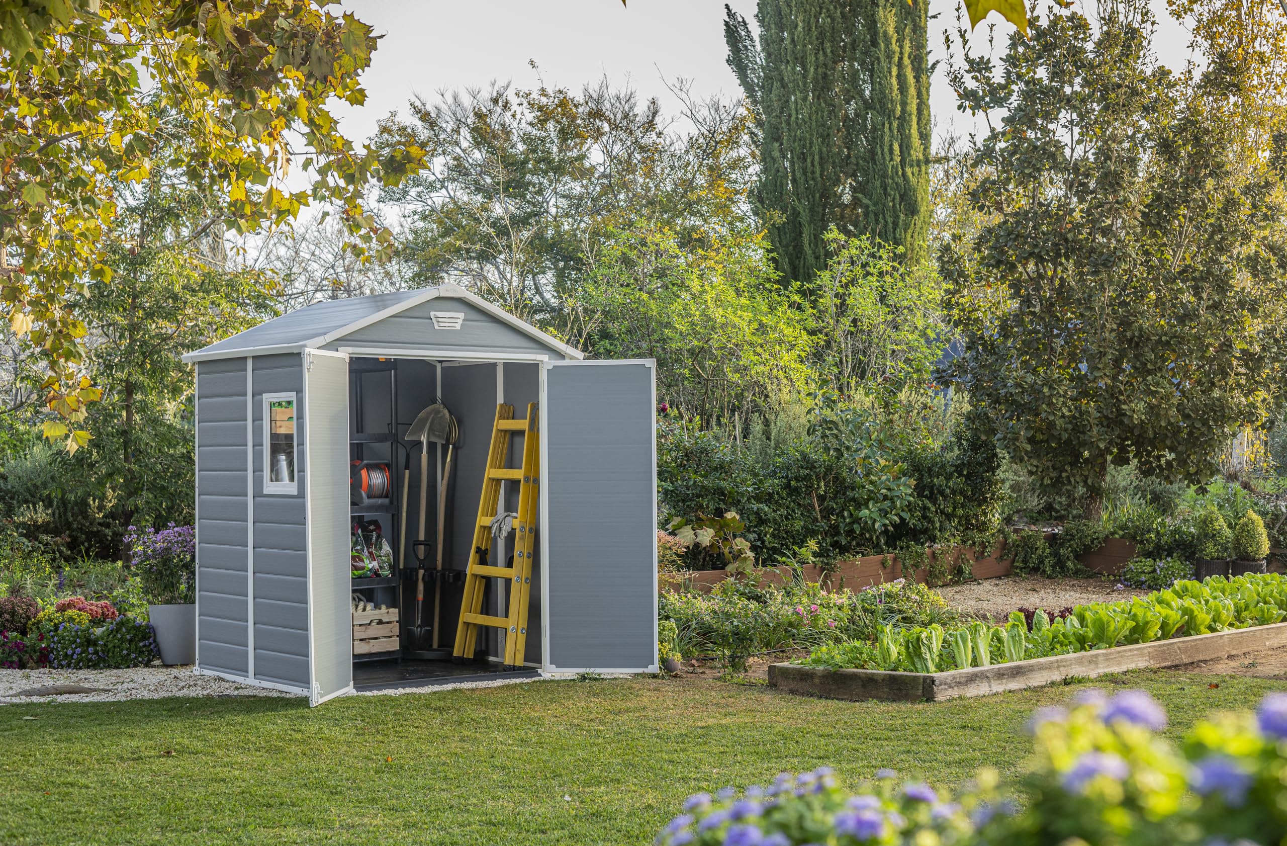 Keter Manor Outdoor Plastic Garden Storage Shed, Grey, 6 x 5 ft