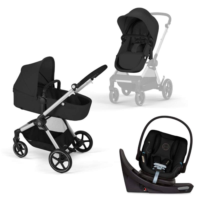 Cybex - EOS 5-in-1 Travel System Stroller + Lightweight Aton G Swivel Infant Car Seat, Moon Black, Silver Frame