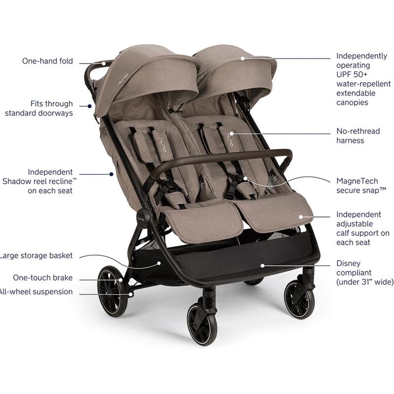 Nuna - TRVL Dubl Lightweight Side by Side Double Stroller, Cedar