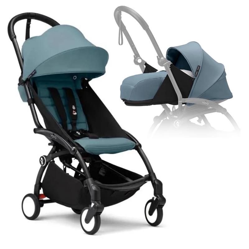 Stokke - Yoyo³ Stroller Bundle, Black Frame | Aqua 6+ Color Pack | Aqua Newborn Pack