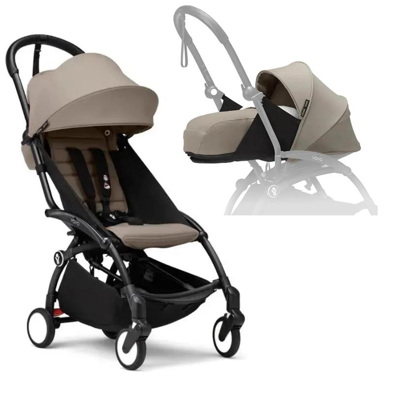 Stokke - Yoyo³ Stroller Bundle, Black Frame | Taupe 6+ Color Pack | Taupe Newborn Pack