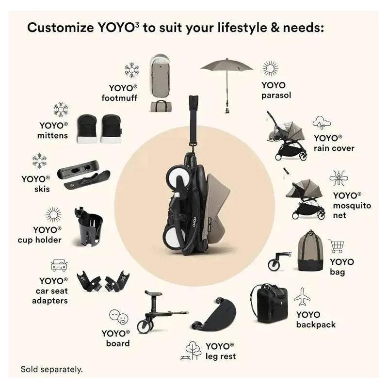 Stokke - Yoyo³ Stroller Bundle, Black Frame | Taupe 6+ Color Pack | Taupe Newborn Pack