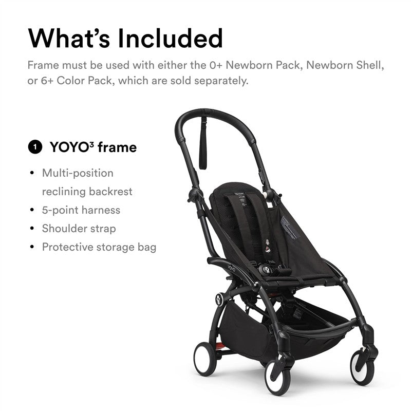 Stokke YOYO3 Frame, Black - Textile Set Not Included - Comes with 5-Point Harness, Multi-Position Reclining Backrest, Canopy Extensions, Padded Sho