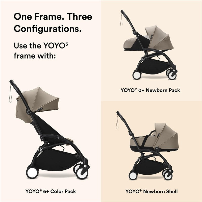Stokke YOYO3 Frame, Black - Textile Set Not Included - Comes with 5-Point Harness, Multi-Position Reclining Backrest, Canopy Extensions, Padded Sho
