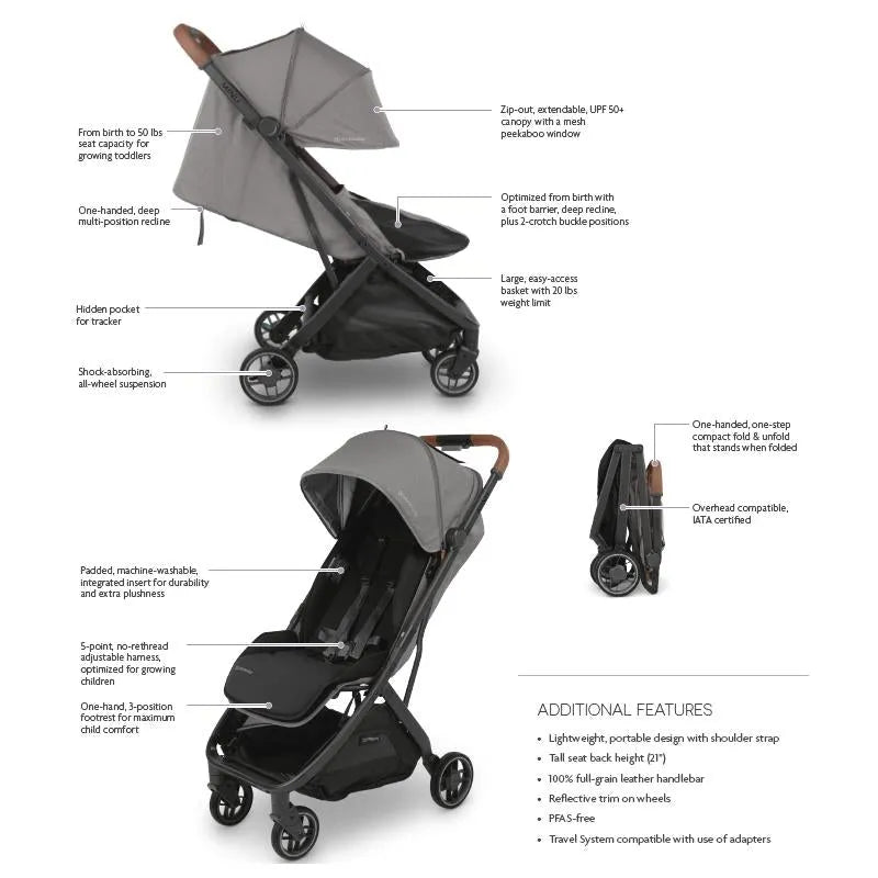 Uppababy - Minu V3 Compact Stroller, Dillan (Stone Blue/Carbon Frame/Sand Leather)